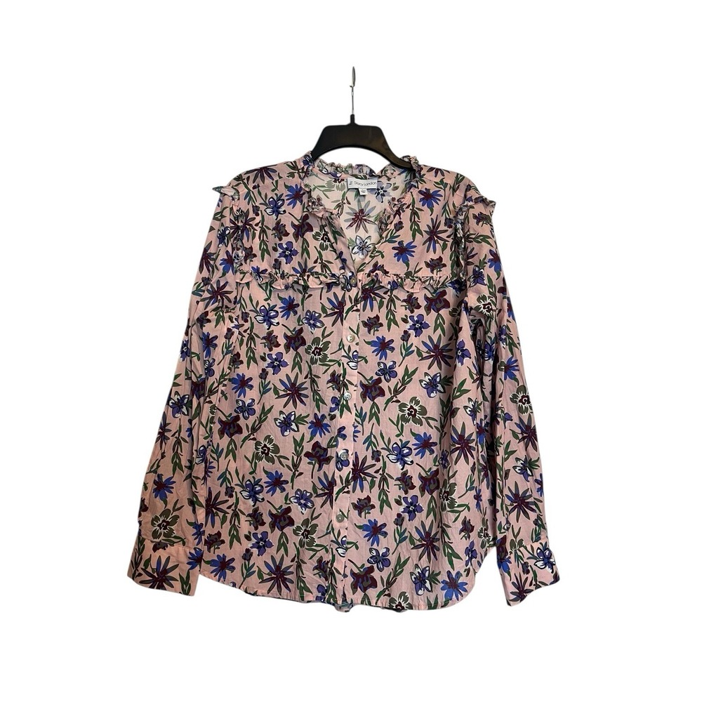 by Stacy London Shirt Top Large Pink Floral With Ruffle Detail Printed Voile
